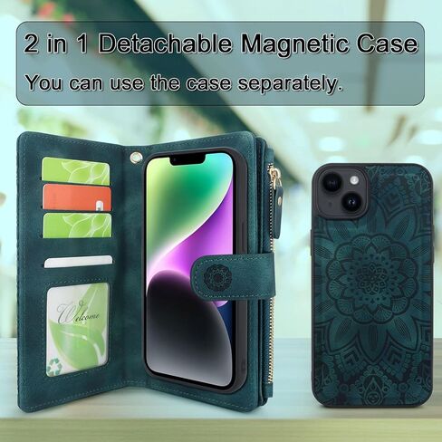 Harryshell Compatible with iPhone 14 6.1 inch 5G 2022 Wallet Case Detachable Magnetic Cover Zipper Cash Pocket Multi Card Slots Holder Wrist Strap Lanyard (Floral Black) in Kuwait