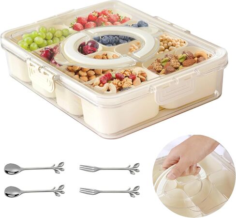 Snackle Box Container: Veggie Fruit Storage Containers for Fridge, Snack Divided Serving Tray with Lid and Handle, Great For Kitchen, Party, Picnic, Travel, 4 Compartments in Saudi Arabia