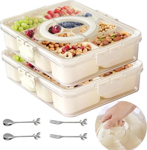 Snackle Box Container: Veggie Fruit Storage Containers for Fridge, Snack Divided Serving Tray with Lid and Handle, Great For Kitchen, Party, Picnic, Travel, 4 Compartments in Saudi Arabia