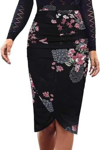 VFSHOW Womens Black Pink Floral Printed Ruched Shirred High Waist Tulip Wrap Cocktail Party Bodycon Pencil Skirt 10040 BLK M in Saudi Arabia