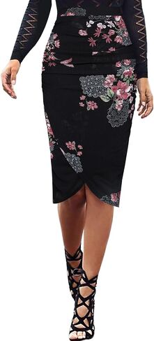 VFSHOW Womens Black Pink Floral Printed Ruched Shirred High Waist Tulip Wrap Cocktail Party Bodycon Pencil Skirt 10040 BLK M in Saudi Arabia
