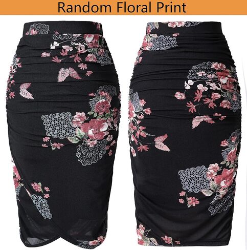 VFSHOW Womens Black Pink Floral Printed Ruched Shirred High Waist Tulip Wrap Cocktail Party Bodycon Pencil Skirt 10040 BLK M in Saudi Arabia