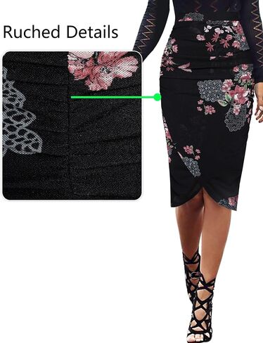 VFSHOW Womens Black Pink Floral Printed Ruched Shirred High Waist Tulip Wrap Cocktail Party Bodycon Pencil Skirt 10040 BLK M in Saudi Arabia