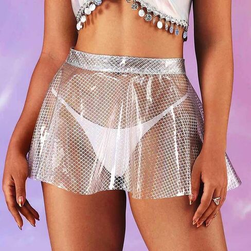 GRAEEN Women‘s Flared Pleated Skirts Sparkly See Through Mini Skirt High Waisted Clubwear Skirt Novelty Clear Skirt for Women in Saudi Arabia