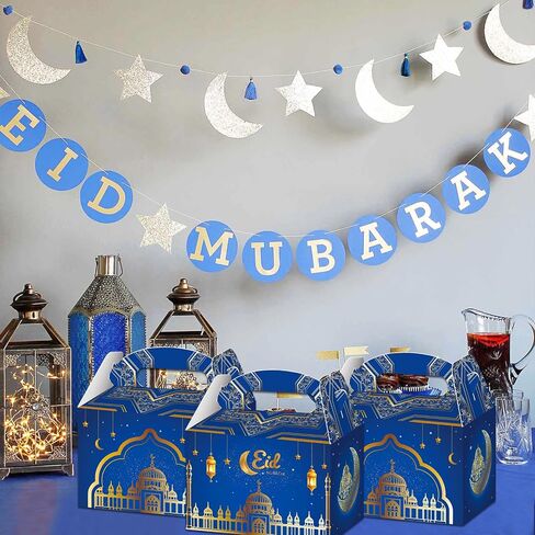 صندوق هدايا عيد مبارك من Top Hubsch، 12 قطعة من صناديق هدايا رمضان، علب كب كيك حلوى ورقية بمقبض، صندوق هدايا الفطر لديكورات عيد مبارك، لوازم الحفلات، ديكور النجمة والقمر (أزرق) in Saudi Arabia