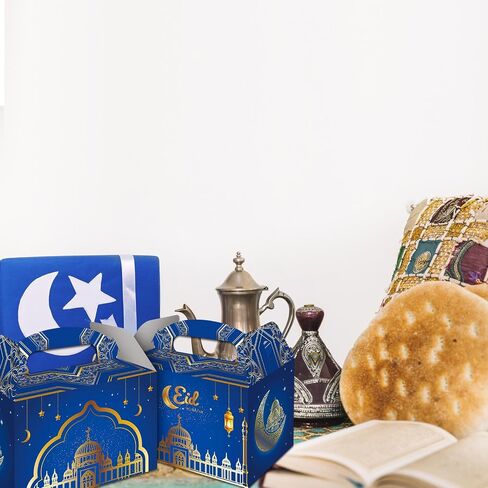صندوق هدايا عيد مبارك من Top Hubsch، 12 قطعة من صناديق هدايا رمضان، علب كب كيك حلوى ورقية بمقبض، صندوق هدايا الفطر لديكورات عيد مبارك، لوازم الحفلات، ديكور النجمة والقمر (أزرق) in Saudi Arabia