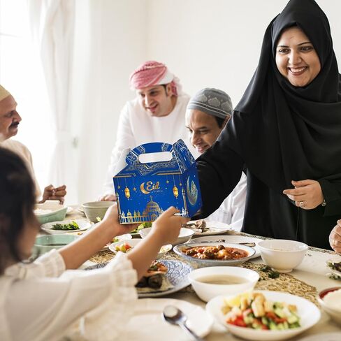 صندوق هدايا عيد مبارك من Top Hubsch، 12 قطعة من صناديق هدايا رمضان، علب كب كيك حلوى ورقية بمقبض، صندوق هدايا الفطر لديكورات عيد مبارك، لوازم الحفلات، ديكور النجمة والقمر (أزرق) in Saudi Arabia