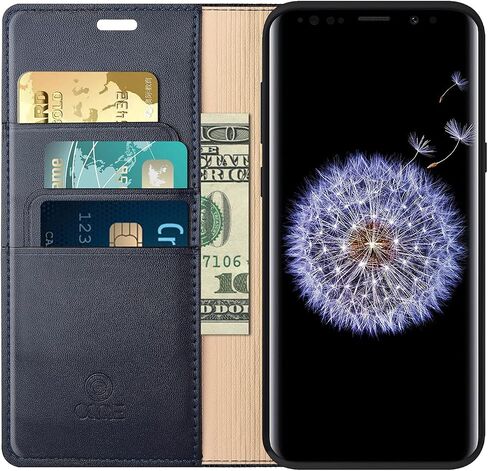 for Samsung Galaxy S9+ / S9 Plus 6.2" Wallet Case，Cowhide Genuine Leather Folio Flip Cover Shell Anti-Fall Shockproof TPU [RFID Blocking] Credit Card Holder [Kickstand Function] Folding,Men Blue in Saudi Arabia