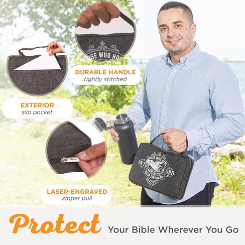 Christian Art Gifts Polyester Bible Cover with Zippered Pocket and Pen Storage for Men and Women: Hope in The Lord - Isaiah 40:31 Inspirational Bible Verse, Charcoal Gray, Large in Saudi Arabia