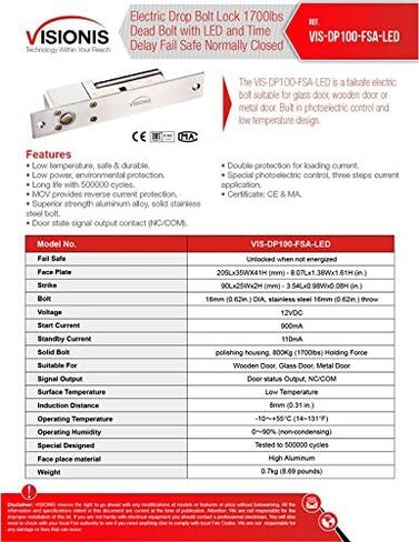Visionis VIS-DP100-FSA-LED Electric Drop Bolt Lock 1700lbs with LED and Time Delay Fail Safe Normally Closed Access Control in Saudi Arabia