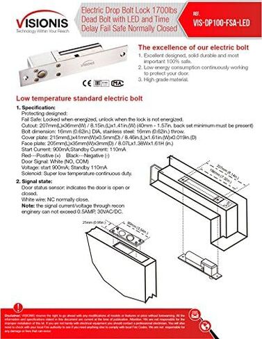 Visionis VIS-DP100-FSA-LED Electric Drop Bolt Lock 1700lbs with LED and Time Delay Fail Safe Normally Closed Access Control in Saudi Arabia