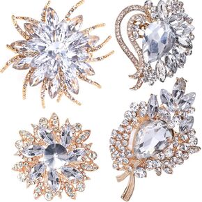 4 Pieces Lot Large Big Silver Gold Plated Assorted Crystal Rhinestones Brooch Pins Set