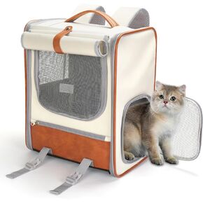 Pet Carrier Backpack, Cat Backpack Carrier with Breathable Holes, Portable Pet Travel Carrier for Medium/Small Cats and Dogs, Airline Approved, Ideal for Outdoor Picnic,Hiking (Beige+Brown)