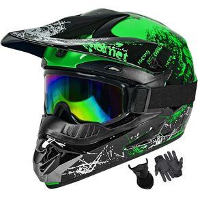 Dirt Bike Helmets Youth Motocross Helmet Fashion Kids Motorcycle Helmet Off-Road Moutain Bike Helmet DOT Approved 4Pcs Set (Blue, Small)