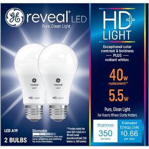 GE Reveal HD+ LED Light Bulbs, 40 Watt, A19 (2 Pack)