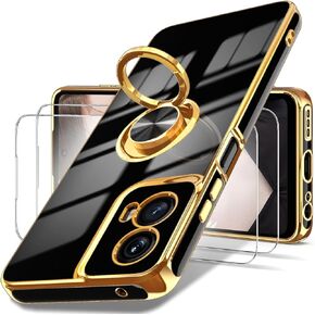 Dretal for Motorola G 5G 2024 Case, Moto G 5G 2024 Case,2X Screen Protector, 360° Rotatable Ring Holder Magnetic Kickstand,Plated Gold Edge Slim Soft TPU Protective Cover (Black)