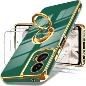 جراب Dretal لهاتف Motorola G 5G 2024، جراب Moto G 5G 2024، واقي شاشة 2X، حامل حلقي قابل للدوران 360 درجة، مسند مغناطيسي، حافة ذهبية مطلية بغطاء واقٍ ناعم من مادة TPU (أسود)