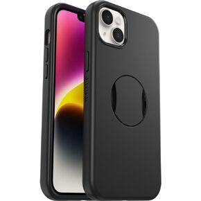 OtterBox iPhone 14 Plus (Only) OtterGrip Symmetry Series Case - BLACK, built-in grip, sleek case, snaps to MagSafe, raised edges protect camera & screen