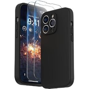 SURPHY Designed for iPhone 14 Pro Case with Screen Protector, (Camera Protection + Soft Microfiber Lining) Liquid Silicone Phone Case, Black