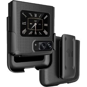 Case with Clip for Motorola RAZR 2022 Flip Phone, Nakedcellphone [Grid Texture] Slim Hard Shell Cover and [Rotating/Ratchet] Belt Hip Holster Holder Combo for Moto RAZR 3 5G - Black