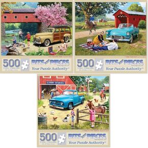 Bits and Pieces - Value Set of Three (3) 500 Piece Jigsaw Puzzles for Adults - Puzzles Measure 18"x24" - 500 pc Our Favorite Spot, T Bird Summer, A Stop at The Stables Jigsaws by Artist Kevin Walsh