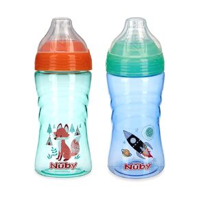 Nuby 2 Pack No Spill Printed Thirsty Kids No-Spill Sip-it Sport Cup with Soft Spout and Lid - 12oz, 12+ Months, 2 Pack, Aqua Cheetah & Purple Puppy Dog