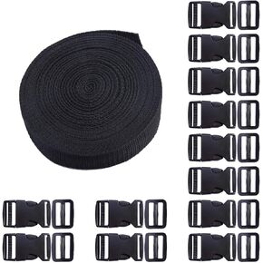 BEADNOVA Plastic Buckle Kit Nylon Strap with Buckle 12 Sets Quick Release Buckle 1 Inch and Tri-Glide Slides with 11 Yards Nylon Strapping 1 Inch (Black)
