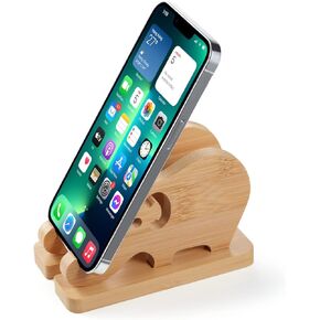 Bamboo Elephant Phone Stand for Desk, Detachable Wooden Mobile Phone Stand Wood Desk Cell Phone Holder Desktop Dock Cradle for iPhone Samsung Huawei Xiaomi All Phones