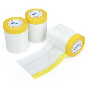 BOMEI PACK 3 Pack Pre-Taped Masking Film,Tape and Drape,Automotive Painters Masking Tape Film,Adhesive Plastic Painting Drop Film for Covering Furniture,Skirting, Frames and Cars (1.83 Ft)