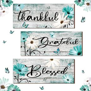 Tradder 3 Pcs Thankful Grateful Blessed Wall Decor Farmhouse Daisy Wall Art for Bathroom Teal Home Decor Inspirational Rustic Wooden Sign Positive Word Wooden Hanging Plaques for Living Room