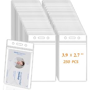 250 Pack Name ID Badge Holder-Plastic Badge Holder for Lanyard, Vertical Extra Thick 3.9" x 2.7" Waterproof Name tag Holder for School/Office/Hospital/Exhibition/Party/Cards Credit Card