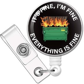 It's Fine I'm Fine Everything is Fine Retractable Badge Reel with Alligator Clip, Funny Burning Trash Can ID Card Badge Holder Gift for Nurses Doctors Office Worker Social Worker Colleague Boss