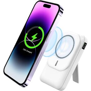 Gladgogo Magnetic Power Bank, 10000mAh Wireless Portable Charger with Built in Cable, Slim Battery Pack for iPhone 15/14/13/12 Series, Powerbank Fast Charging with LED Display & Stand, White