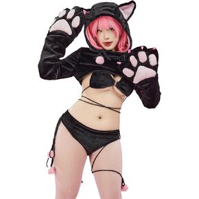 طقم بيجامة نسائي على شكل قطة ملابس داخلية منفوشة بغطاء للرأس وصدرية ولباس داخلي in Kuwait