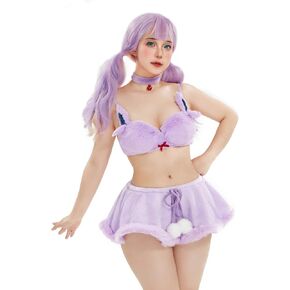 Women's Anime Cosplay Lingerie Set Purple Fuzzy Pajamas Homewear Furry Bra and Panty with Skirt Choker