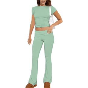 GTETKDE Women's 2 Piece Lounge Sets Casual Y2K Outfits Short Sleeve Crop Top Fold-over Flare Pants Set Tracksuits