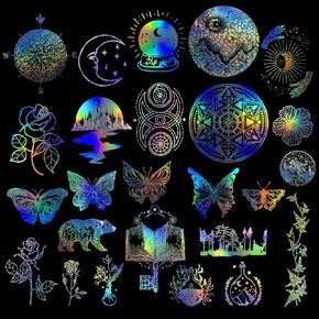 225PCS Holographic Stickers, FHDUSRYO 5 Themes Glitter Resin Stickers, PET Transparent Decals Sticker Set, Waterproof Resin Decoration Accessories for Art Craft, Scrapbook, Bottles, Laptop
