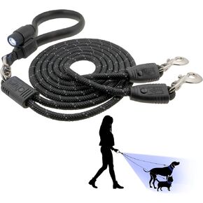 Wigzi Dual Doggie Flex Walk with LED Two Dog Leash. 360 Degree no Tangle, Thick Durable Reflective Ropes, Silicone Extra Soft Comfort Handle, 6ft, Color Black, 5lbs-175 lbs Dogs OK
