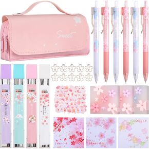 Crtiin 74 قطعة مجموعة قرطاسية Kawaii Cherry Blossom اليابانية Kawaii قلم رصاص حقيبة ميكانيكية قلم رصاص محايات الكرز قلم إعادة ملء وملصقات للمكتب المدرسي تفضل الحفلات (وردي)