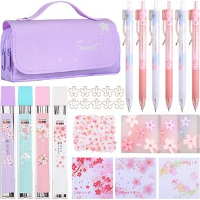 Crtiin 74 Pcs Kawaii Cherry Blossom Stationery Set Japanese Kawaii Pencil Bag Mechanical Pencil Cherry Erasers Pencil Refill and Stickers for Office Party Favors(Pink)
