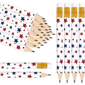 50Pcs Independence Day Pencil with Erasers Stars Short Writing Pencils Red White Blue Patriotic Half Pencils for 4th of July School Office Stationery Supplies, 4 in