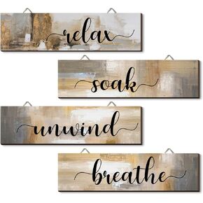 cidobi 4PCS Relax Soak Unwind Breathe Bathroom Wall Art, Vintage Wall Art Wooden Decor Sign, Bathroom Wall Decor Sign, Vintage Farmhouse Decor for Home Bathroom Laundry Room Spa Room