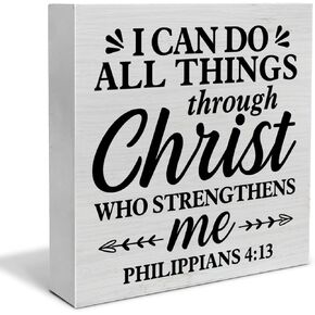 Inspirational Quote I Can Do All Things Through Bible Verse Decorative Wooden Box Sign Philippians 4:13 Scripture Wood Block Plaque Decor Farmhouse Christian Home Office Shelf or Wall Display 5x5