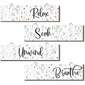 cidobi 4PCS Relax Soak Unwind Breathe Bathroom Wall Art, Vintage Wall Art Wooden Decor Sign, Bathroom Wall Decor Sign, Vintage Farmhouse Decor for Home Bathroom Laundry Room Spa Room