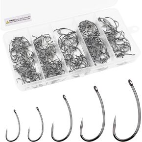 OROOTL Barbless Fishing Hooks Kit, 210pcs Carp Fishing Hooks Barbless Hooks Barbless Fly Tying Hooks Circle Curve Shank Carp Hooks Carp Hair Fishing Tackle for Freshwater Saltwater Fishing