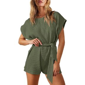 Panadila Womens Summer Romper Waffle Knit One Piece Jumpsuits Tie Waist Loose Fit Overall with Pockets