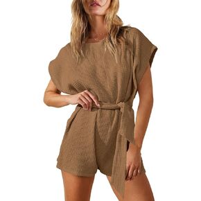 Panadila Womens Summer Romper Waffle Knit One Piece Jumpsuits Tie Waist Loose Fit Overall with Pockets