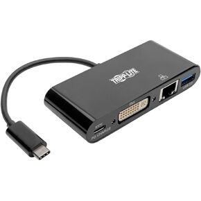 Tripp Lite USB C to DVI Multiport Adapter Converter Docking Station w/ USB-A Hub, Gigabit Ethernet Thunderbolt 3 USB Type C 1080p (U444-06N-DGUB-C),Black