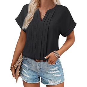 Gaharu Women's Summer Pleated Work Top Short Sleeve Business Casual Blouse Basic Dressy Shirt