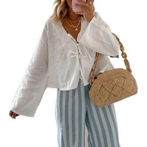 Tie Front Top Coquette Bow Linen Shirt Going Out Summe White Y2k Long Sleeve Blouse